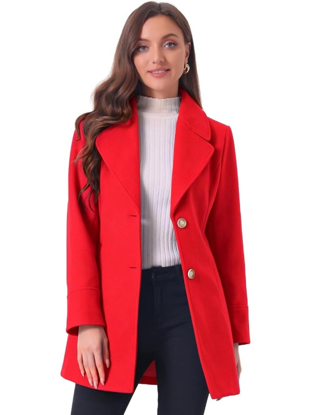 Women's Bright Red Overcoat Collar Single Breasted Long Sleeve Elegant Coat